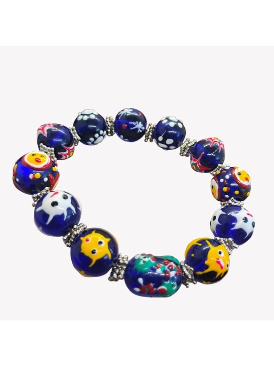 Handmade Jewelry - Handmade Lampwork Glass Bead Bracelet Cobalt Blue Yellow OOAK